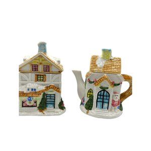 Houston Harvest Collectors Christmas Teapot / Creamer Covered Sugar bowl Christm